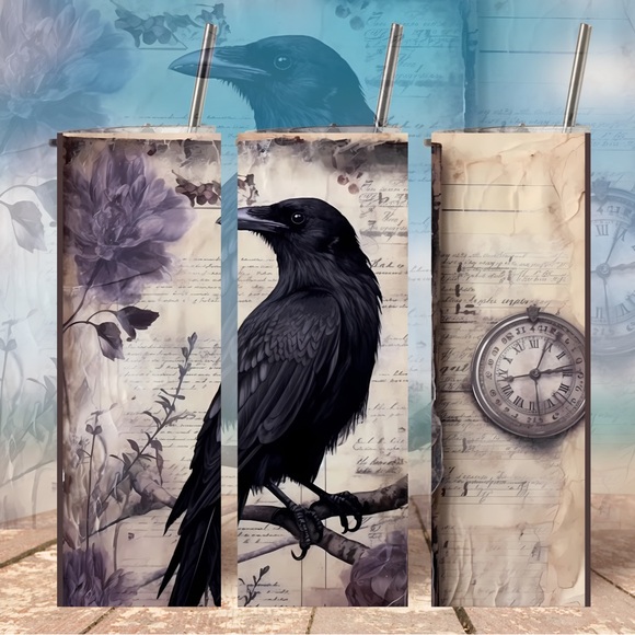 Handmade Gothic Raven Tumbler New 20oz With Lid And Reusable Straw - Picture 1 of 4